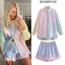 KEYANKETIAN women's fashion hit color striped print top ladies buttoned casual top shorts shirt two-piece summer