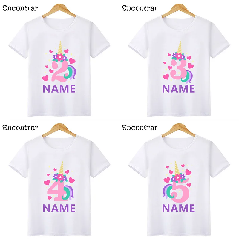 Happy Birthday Number 1-10 Bow Cute Unicorn Print Girls T shirt Customize Name Kids T-shirts Party Baby Children Tops,HKP5399