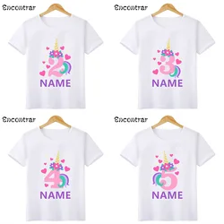 Happy Birthday Number 1-10 Bow Cute Unicorn Print Girls T shirt Customize Name Kids T-shirts Party Baby Children Tops,HKP5399