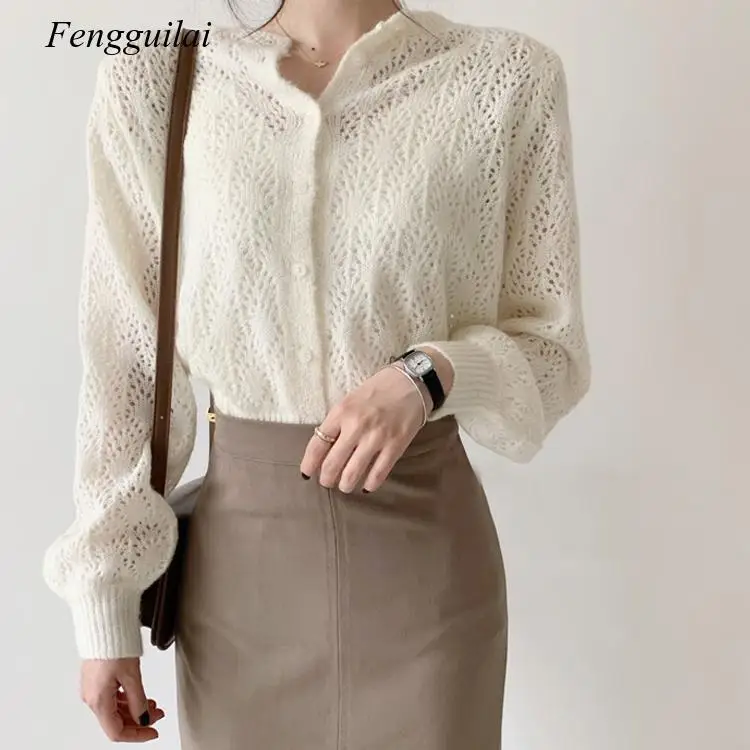 

Women Spring Summer Sweater And Cardigans Knit Tops Long Sleeve Hollow Out Cardigan White Tops Elegant Coats