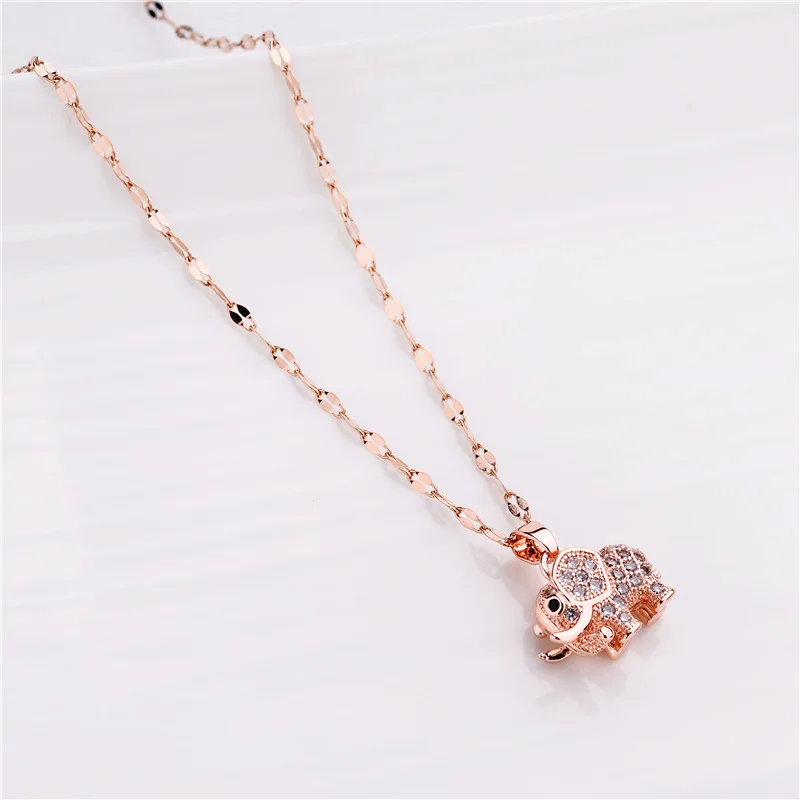 Cute Zircon Crystal Little Elephant Pendant Women Necklaces Female Stainless Steel Clavicle Chain Girl\'s Daily Wear Neck Jewelry