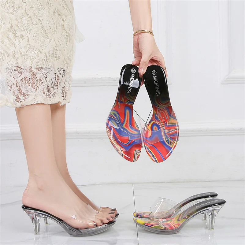 2023 Women Summer 6.5cm High Heels Slides Mules Lady Crystal Transparent Slippers Sandals Low Clear Heels PVC Platform Shoes