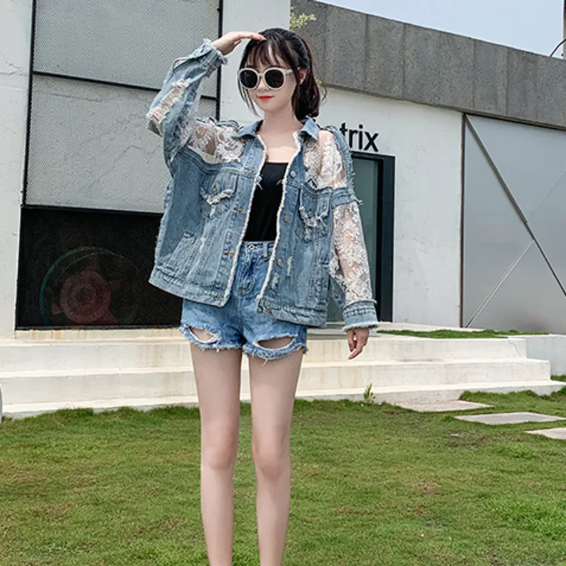 Autumn Fashion Streetwear Lace Patchwork Denim Jacket Women Embroidery 2024 Summer Patchwork Loose Jean Sunscreen Coat Female