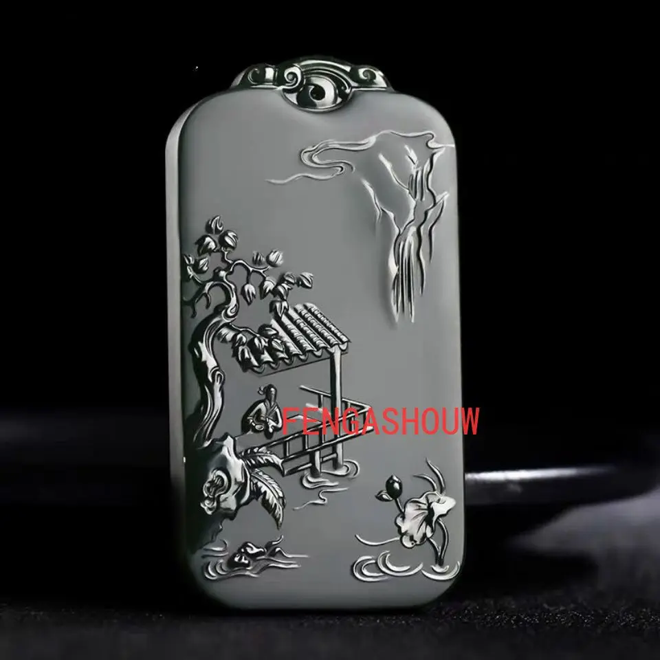 Natural Jade Cyan Double-sided Carved Splendid Mountain River Pendant Charm Jewellery for Women Men Fashion Accessies