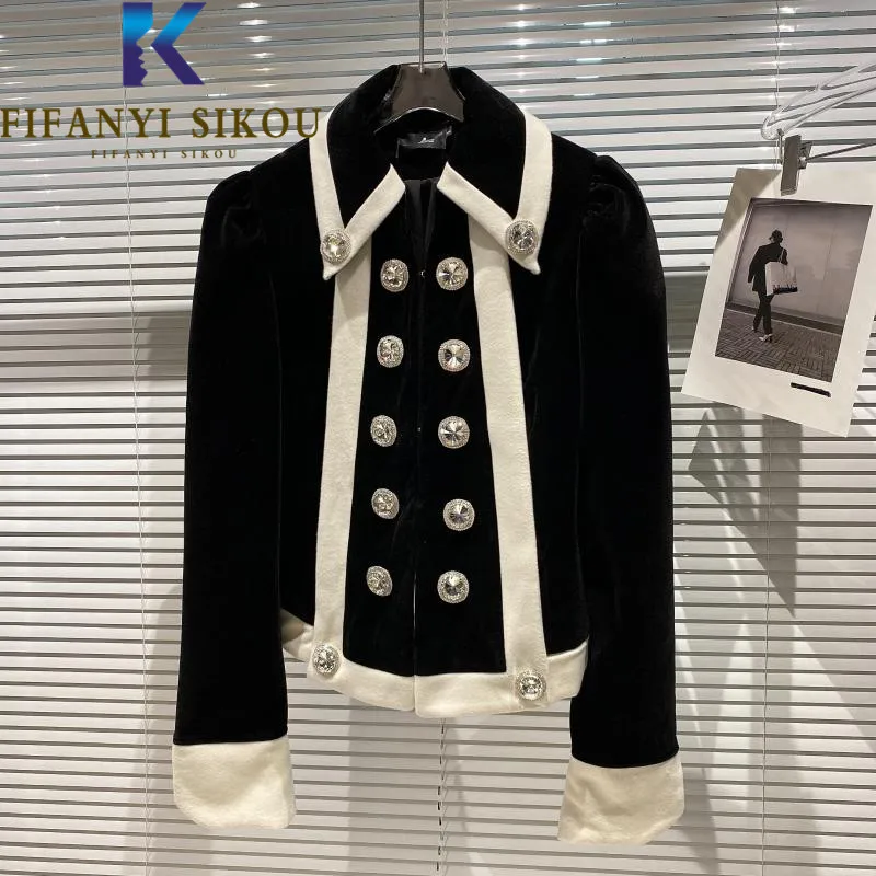 Black Woolen Blazer Jacket Women Double Breasted Diamonds Fashion Spliced Suit Jacket High Quality Ladies Elegant Blazers Coat