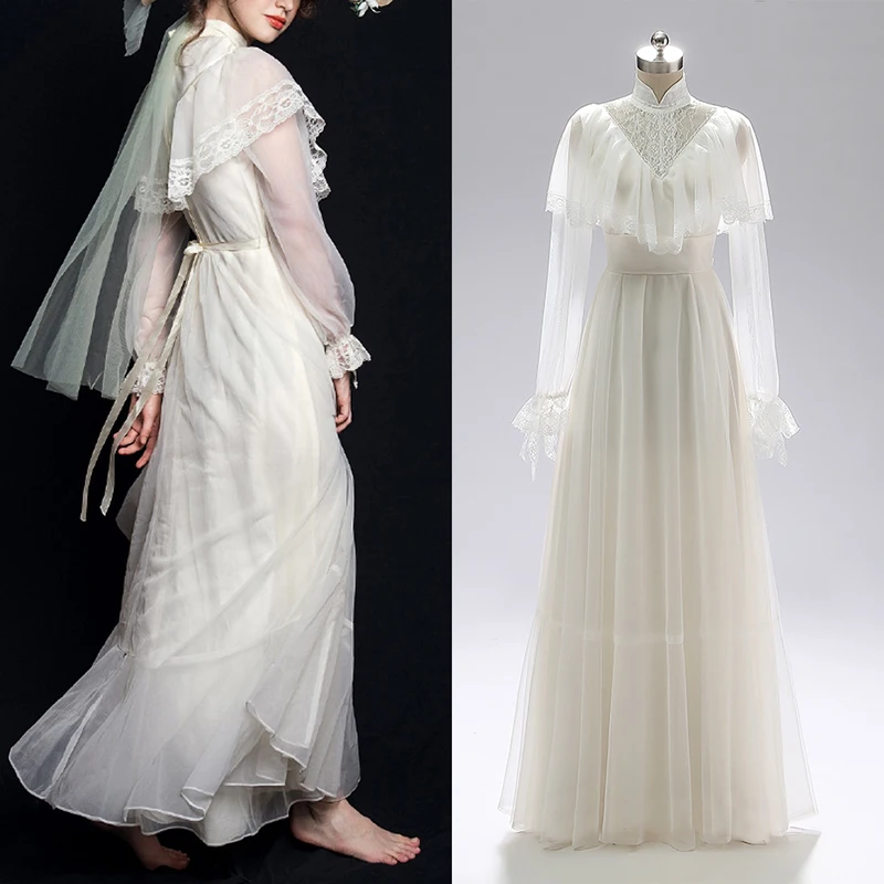 Robe de mariée édouardienne rétro victorienne, robe de patients en dentelle tulle, vintage, sur mesure, col haut, ligne A, manches longues, photos réelles