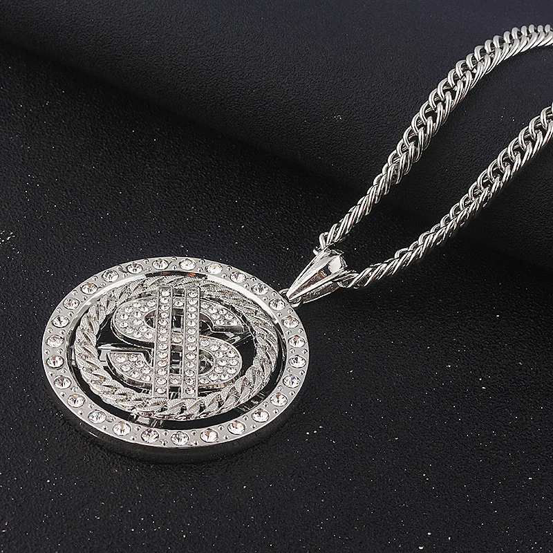 Big Rotatable US Dollar Money Sign Pendant Necklace Men Rapper Hip Hop Punk Long Chain Necklace Women Statement Necklace Gift