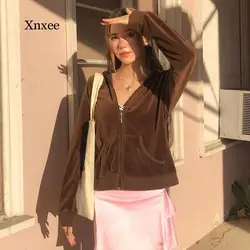 Velvet Zip Up Hoodies Women Brown Vintage 90S Aesthetic Korean Jacket Clothes V Neck Long Sleeve Hood Sweatshirts Top Clothing