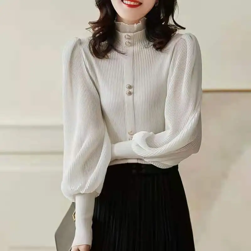 Autumn Winter New Puff Sleeve Bottoming Shirt Wooden Ear Half High Collar Knitted T-shirt Sweater Female