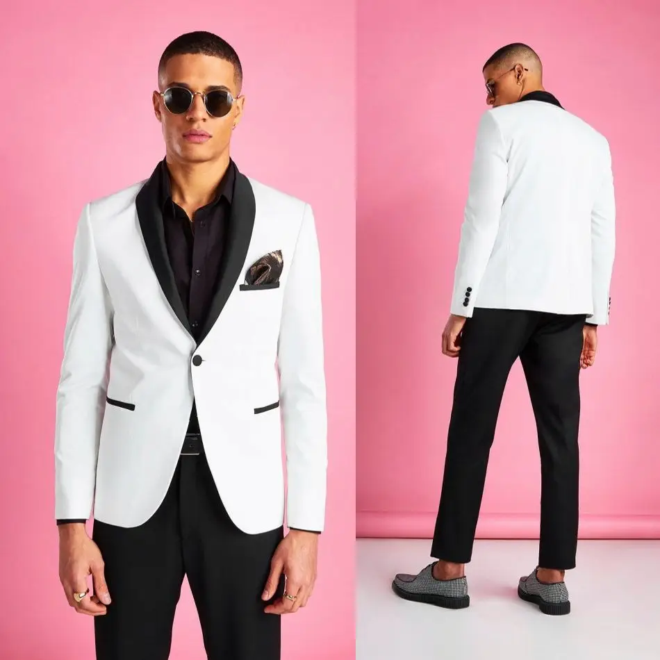 Esmoquin blanco de 2 piezas para hombre, chaqueta y pantalones con solapa, un botón, para fiesta de graduación, gran oferta