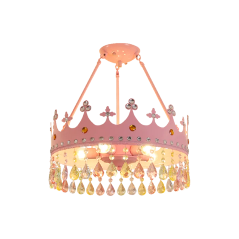 Pink Crown LED Pendant Lights For Kids Room Suspension Crystal Girl Bedroom Golden Boys Hanglamp Home Baby Pendant Lamp