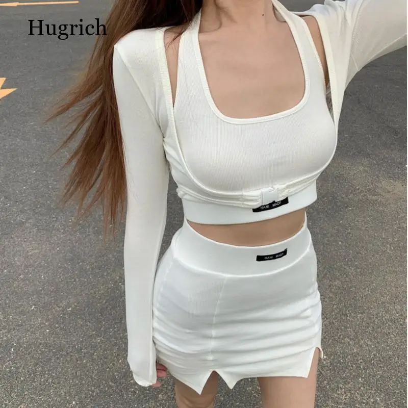 

Age-Reducing Strap Suit Female Summer New Style Hip Bag Overskirt Western Style Knitted Long-Sleeved Coat Y2K Girl 3 Piece Set