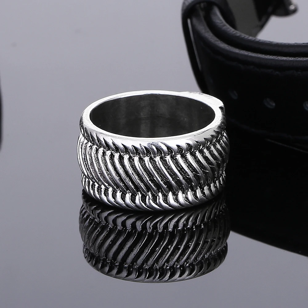 Ancient Silver color Fashion Tire Pattern Men\'s Buddha Chain Link Finger Ring Jewelry To Women Gifts Punk Biker Wide Chain Ring