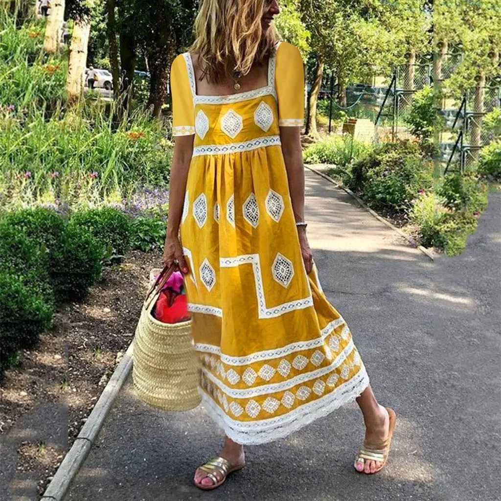 Cotton Linen Vintage Print Long Dress Women Summer Boho Sundress U-neck Short Sleeve Big Swing Maxi Dresses Casual Dress Vestido