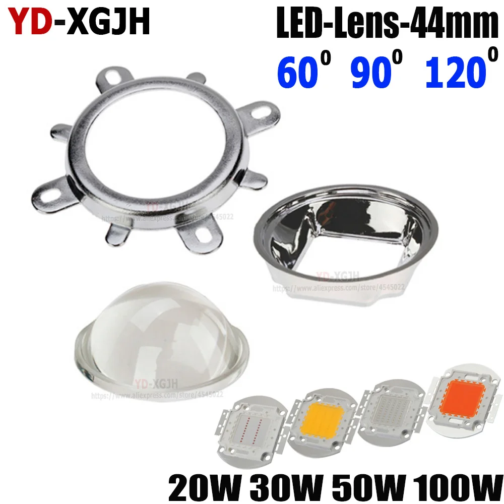 High Power Chip 60 90 120 Degree 44mm Optical Glass LED Lens + 50mm Reflector Collimator + Fixed Bracket for 20 30 50 100W COB