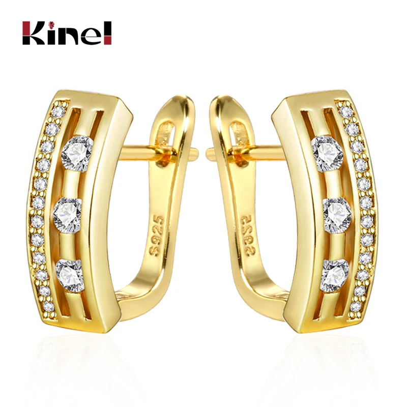 Kinel Simple U-shape Stud Earrings For Women Fashion Hollow Gold Color CZ Zircon Earings Wedding Jewelry Drop Shipping