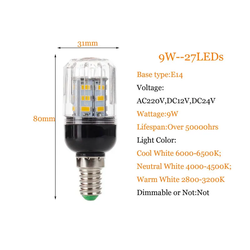 Led bulb E27 E14 E12 E26 5730 SMD 110V 220V DC 12V 24V 27LEDs 7W Led Candle Bulb Corn Lamp Chandelier Energy Saving Light Lamps