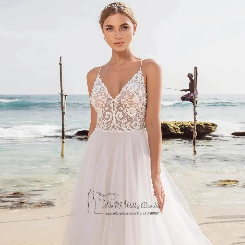 Summer Sexy Backless Wedding Dresses for Beach Weddings Floral Applique Bride Gowns 2021 Cross-Criss Princess Mariage