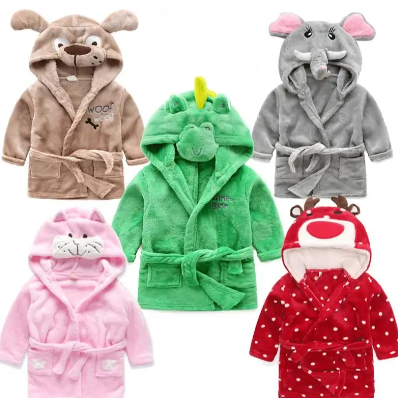 New Autumn Winter Children Sleepwear Robe Flannel Thicken Hooded Warm Bathrobe Kids Pajamas Boys Girls Lovely Cartoon Robes2-6Y