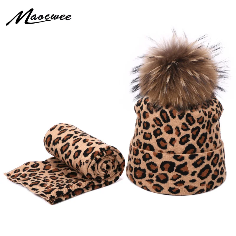 Leopard Print Unisex Hat And Scarf Set Autumn Winter Double Beanies Skullies Hats For Women Elasticity Warm Scarves Pom Pom Hat