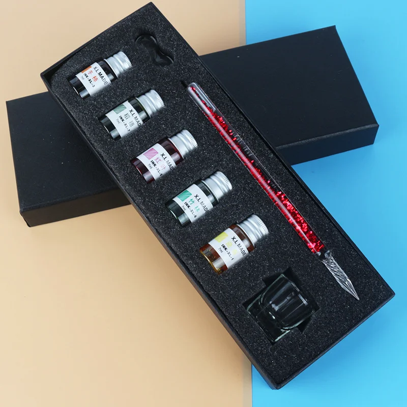 3/8pcs Quicksand Glass Dipped Pen And Ink Set New Fountain Pencil Gold Powder Color Ink Sets Creative Gifts Pencil Box Gift