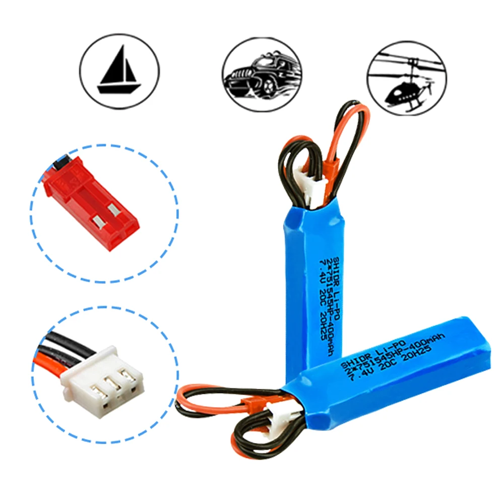 Batteria Lipo 3 pz/lotto 7.4v 400mah 20C Rc con connettori JST (personalizzabile) per auto RC Wltoys P929 P939 K969 K979 K989 giocattoli fai da te