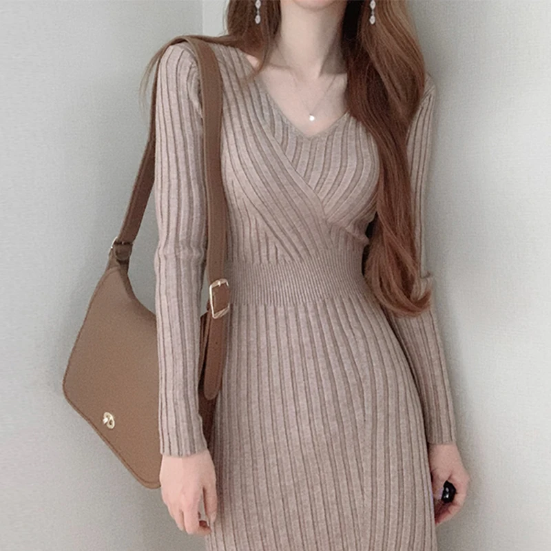 

2022 Elegant V Neck Long Sweater Dress Women Solid Woman Clothes Slim Korean New Knitted Warm Thick Casual Winter Dresses Femme