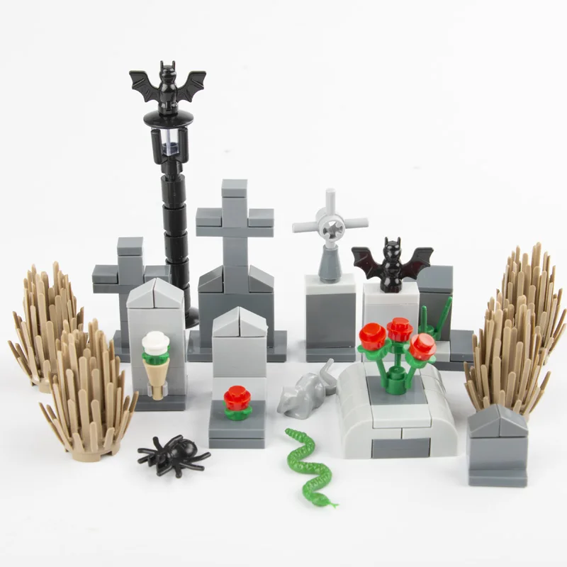 DIY Cemetery Building Block Grave Tombstone Model MOC City Accessories Bat Spider Animals Skeleton Halloween Toy children Gift