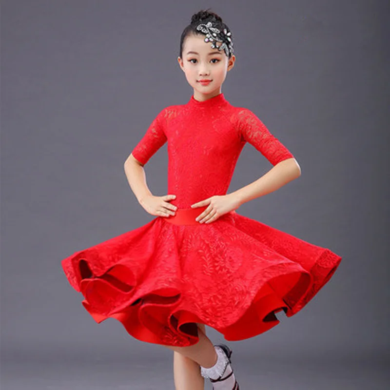 Girls long sleeve Latin Dance Skirt Ballroom Salsa Tango Skirts Kid Child Lace Latin Dance Split Dress With Leotard and Skirt