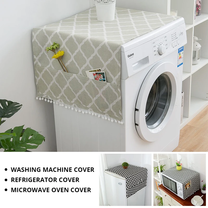 

Faux Linen Washing Machine Cover with Pocket Refrigerator Top Cover Microwave Oven Dust Proof Cover Household Home Storage