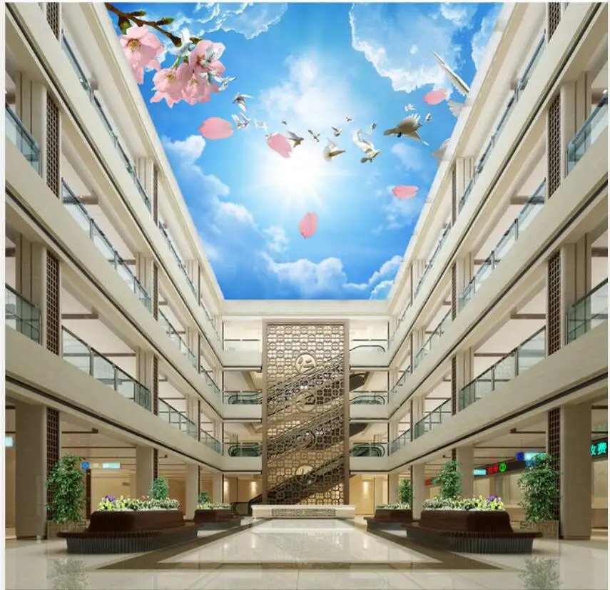 stereo clouds peach blossom ceiling mural 3D Photo Wallpaper For Living Room Ceiling Decoration Mural Wallpaper