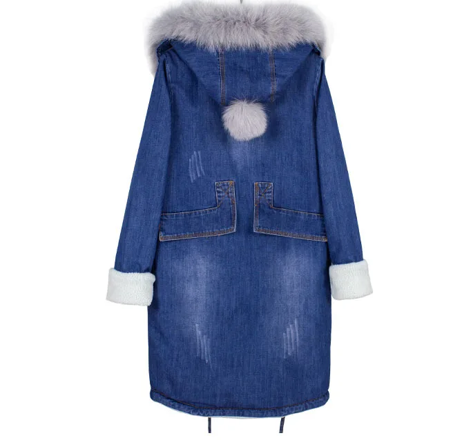 New Winter Denim Jacket Female European Long Slim Hooded Fox Fur Collar Cotton Coats Women Fur Ball Plus Size LX318