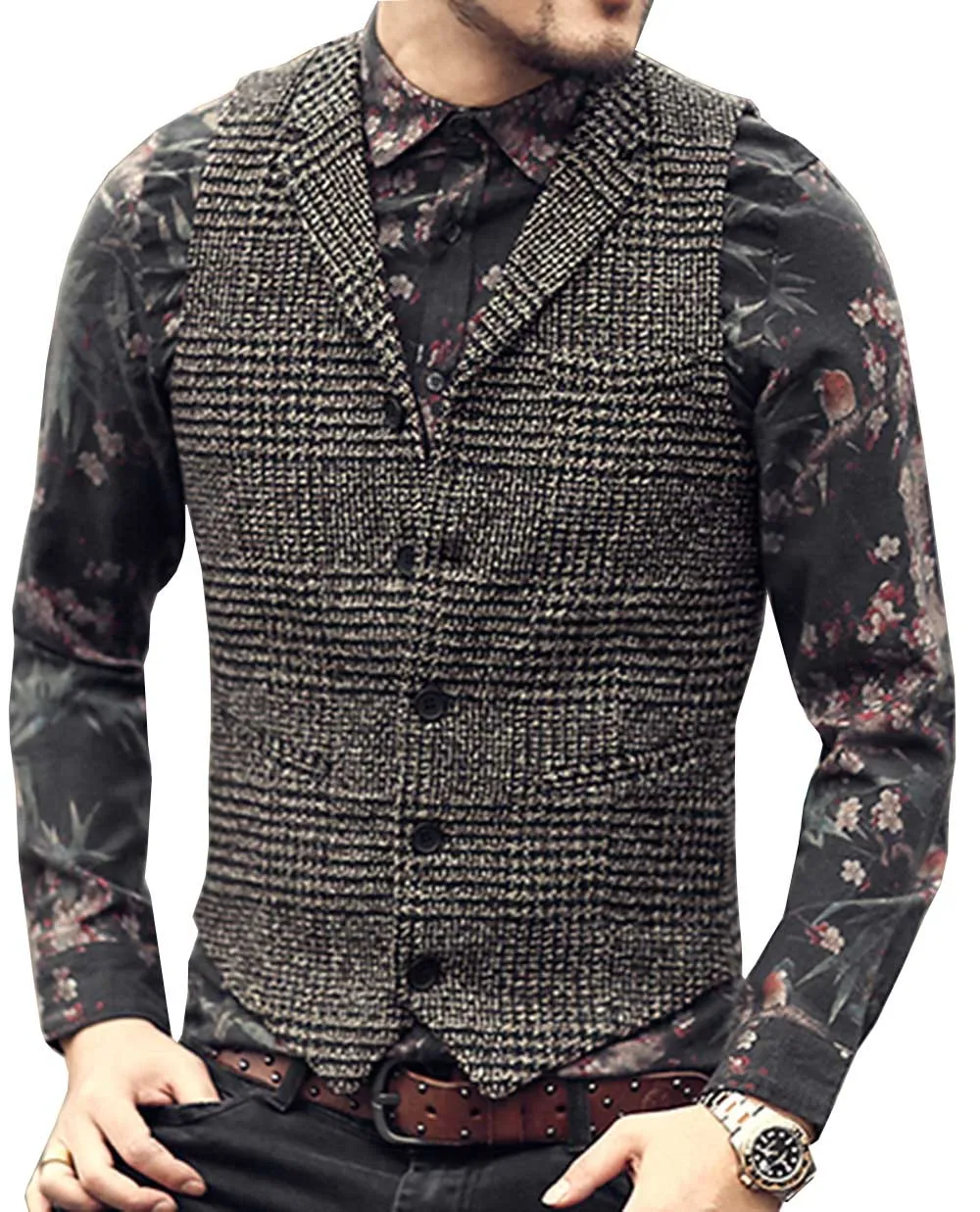 Mens Vintage Plaid Wool Tweed Suit Vest Casual Notch Lapel Waistcoat for Wedding Groomsmen