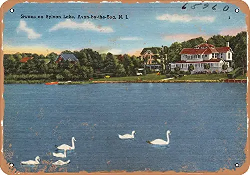 Metal Sign - New Jersey Postcard - Swans on Sylvan Lake, Avon-by-The-Sea, N. J. - Vintage Rusty Look Wall Decor for Cafe beer B