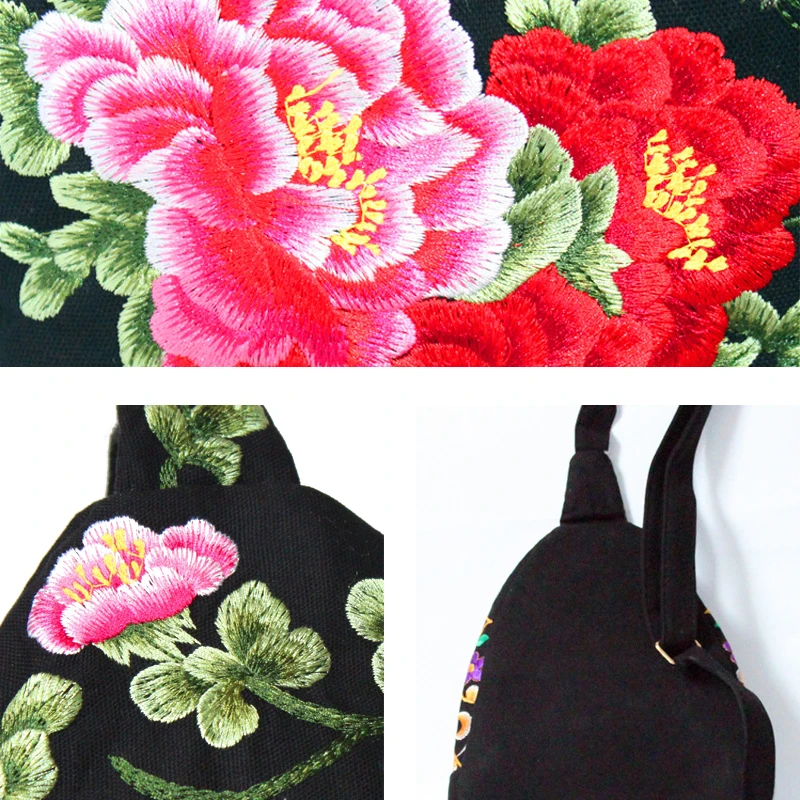 Women Chest Bag Chinese Ethnic Style Hand Embroidery Pretty Flowers Casual Canvas Travel Shoulder Crossbody Bag High Quality