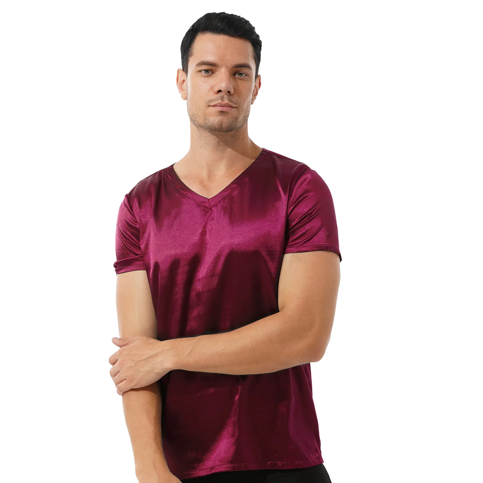 Mens Satin Pajama Top Solid Color Silky V Neck Short Sleeve Pullover Shirts Lightweight Loose Fit Sleep Tops Loungewear T-shirt