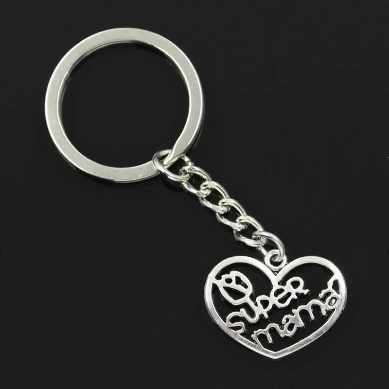 New Fashion Men 30mm Keychain DIY Metal Holder Chain Vintage Heart Super Mama 20x26mm Silver Color Pendant Gift