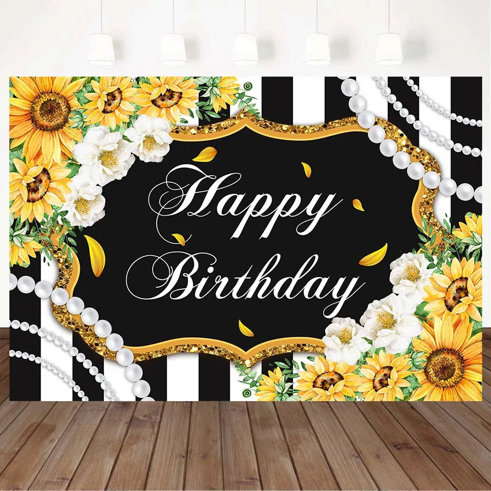 Mocsicka Sunflower Birthday Backdrops for Photography Women Ladies Birthday Party Background Decor Photocall Black White Stripes