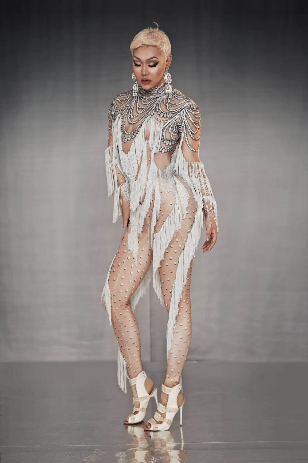 Rhinestone White Tassel Long Sleeves Jumpsuit nude bodysuits Women singer stage show bodysuit