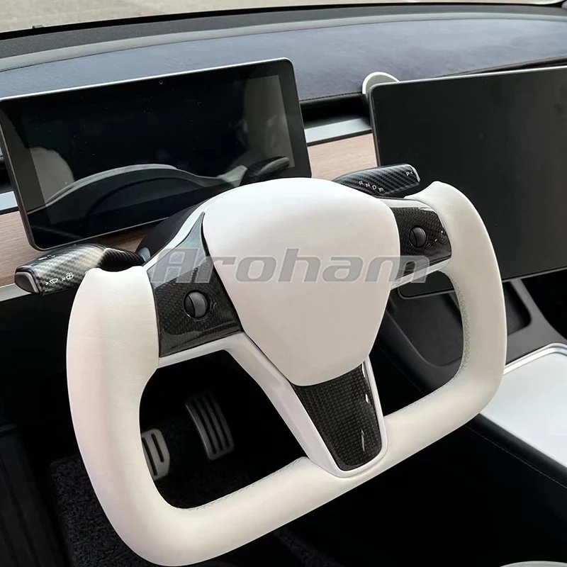 

Carbon Fiber Yoke Steering Wheel White Leather Diy Special Design 2017 2018 2019 2020 2021 For Tesla Model 3 Model Y