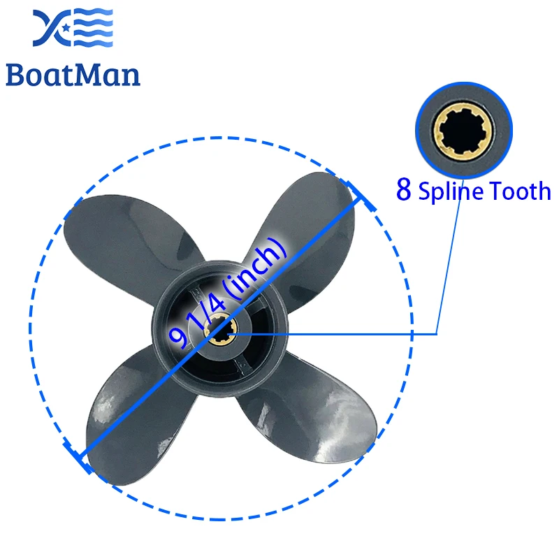 BoatMan® 9 1/4x10 Aluminum Propeller for Honda 8HP 9.9HP 15HP 20HP Outboard Motor 8 Tooth Engine 58134-ZV4-010AH RH 4 Blades