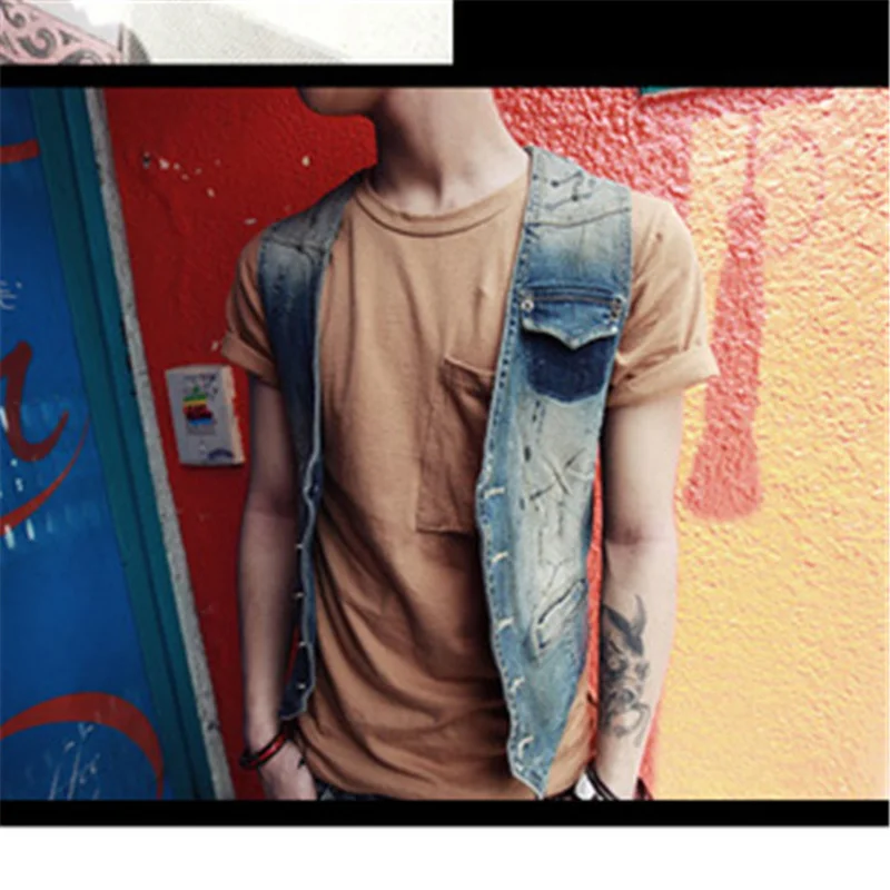 Plus Size Men\'s Denim Vest Brand Jeans Men Cowboy Vintage Casual Sleeveless Holes Personalized Cardigan Men Jacket&Overcoat 4XL