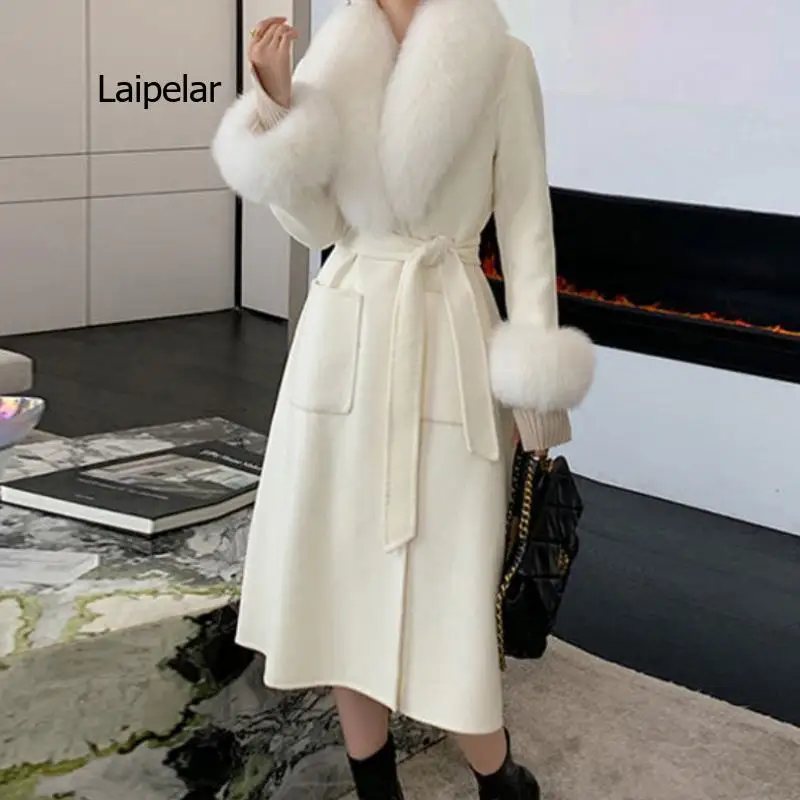 Woolen Coat Women Natural Fox Fur Collar Long Coat Cashmere Wool Blend Women Streetwear 2021