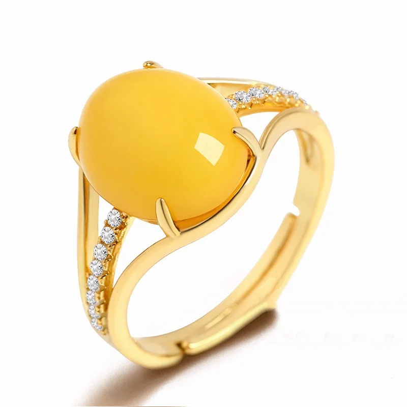 Luxury 925 Sterling Silver Ring Inlaid With Amber Beeswax Ring For Woman Jewelry Gift