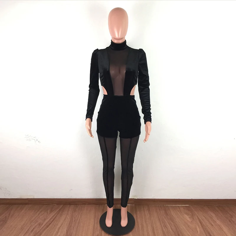 OMSJ jesień Sexy pełna rękaw aksamitna Bodycon body i długie spodnie solidna siatkowy Patchwork moda do klubu na imprezę stroje 2 szt garnitury