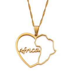 Anniyo Heart Africa Map Pendant Necklaces for Women Girls Gold Color African Maps Jewelry #121021