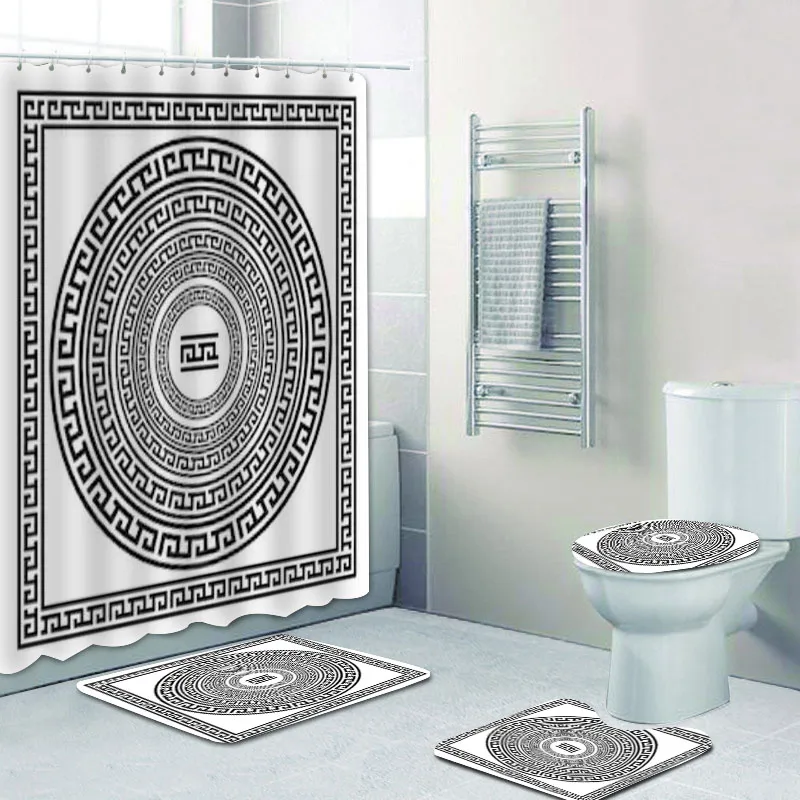 Ethnic Greek Key Shower Curtains Bathroom Curtain Waterpoof Polyester Traditional Meander Border Bath Curtain Set Mats Rug Decor