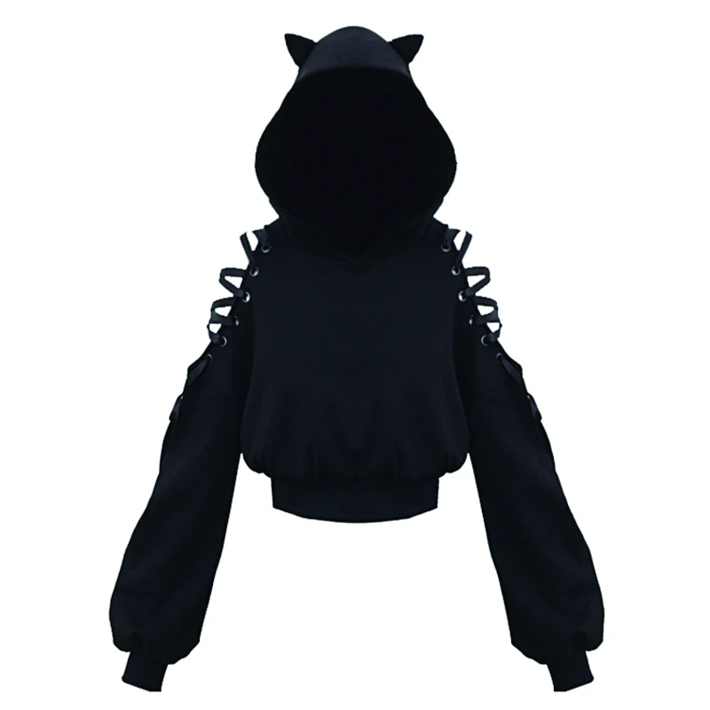 Kawaii Gothic Punk Cat Hoodie Black Sweatshirt Harajuku Lace Up  Cat Ear Long Sleeve Sweatshirt Hooded Pullover