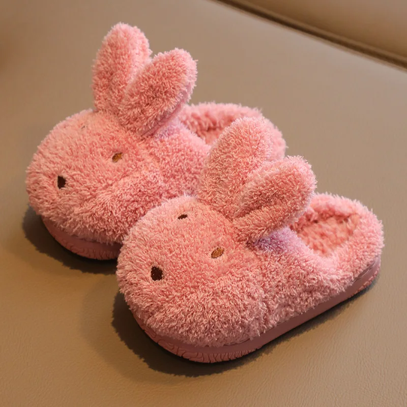 Baby Girls Cotton Slippers 2021 New Winter Children\'s Cute Rabbit Plush Slippers Boys Home Indoor Shoes Furry Kids Slippers