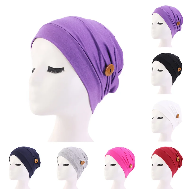 2020 New Solid Elastic With Button Hat Women Turban Hat Cap Solid Nightcap Nurse Hat Femme Soft Cotton Headscarf